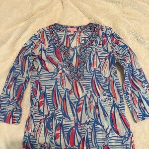 Lilly Pulitzer Amelia Island Sailboat Tunic Nautical Cotton Top Blouse Sz S
